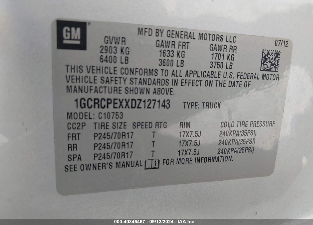 2013 CHEVROLET SILVERADO 1500 WORK TRUCK VIN: 1GCRCPEXXDZ127143