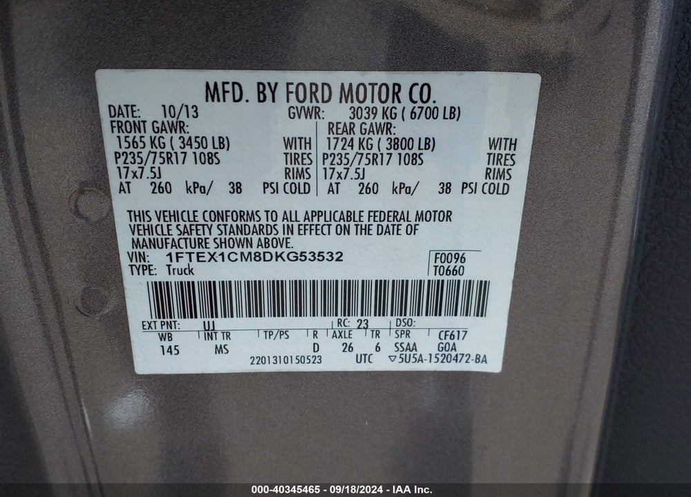 2013 FORD F-150 XLT VIN: 1FTEX1CM8DKG53532