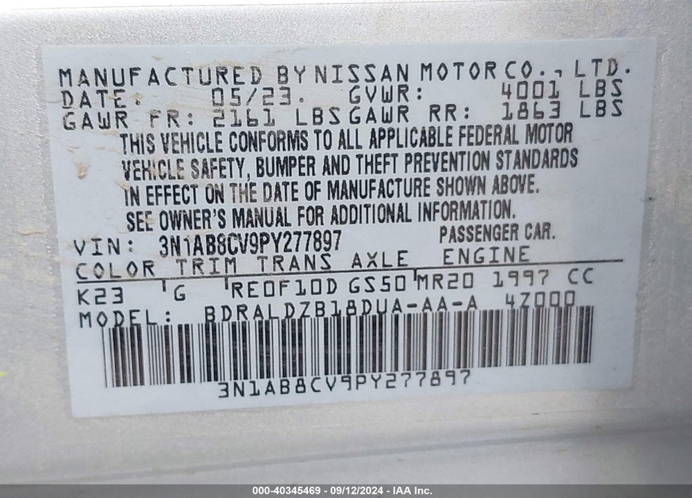 2023 NISSAN SENTRA SV XTRONIC CVT VIN: 3N1AB8CV9PY277897