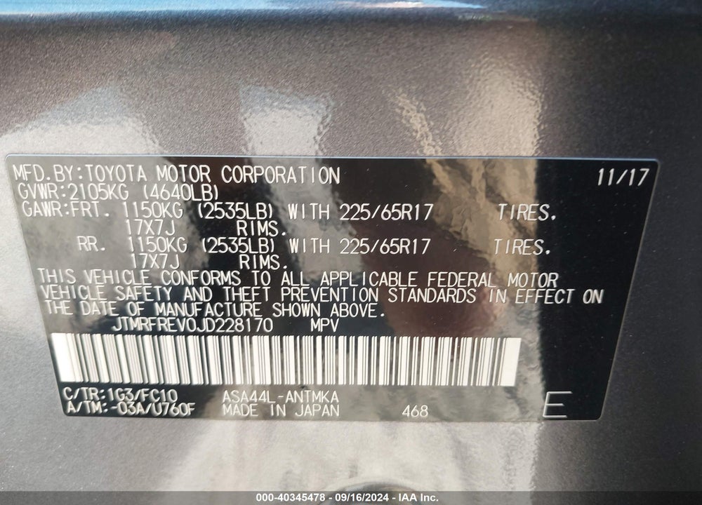 2018 TOYOTA RAV4 XLE VIN: JTMRFREV0JD228170