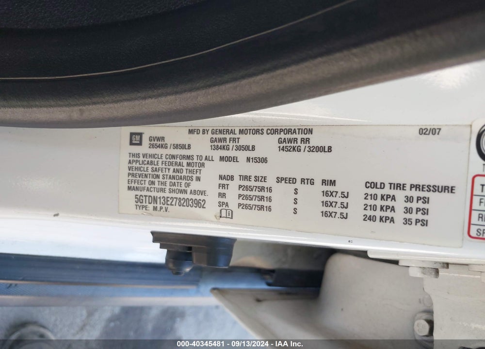 2007 HUMMER H3 SUV VIN: 5GTDN13E278203962