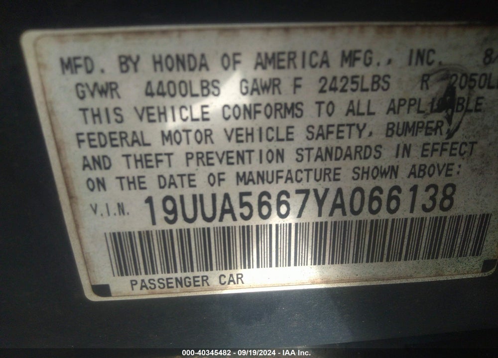 2000 ACURA TL 3.2 VIN: 19UUA5667YA066138