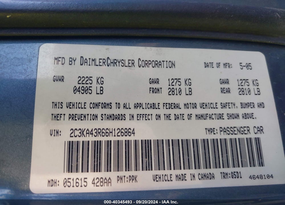 2006 CHRYSLER 300 VIN: 2C3KA43R66H126864