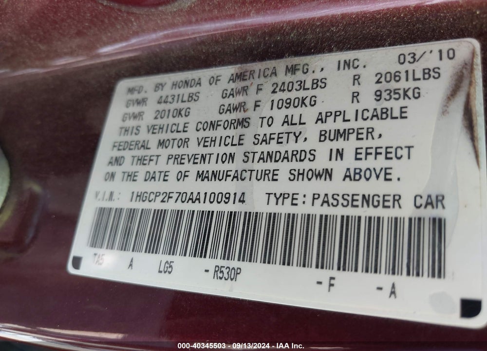 2010 HONDA ACCORD 2.4 EX VIN: 1HGCP2F70AA100914