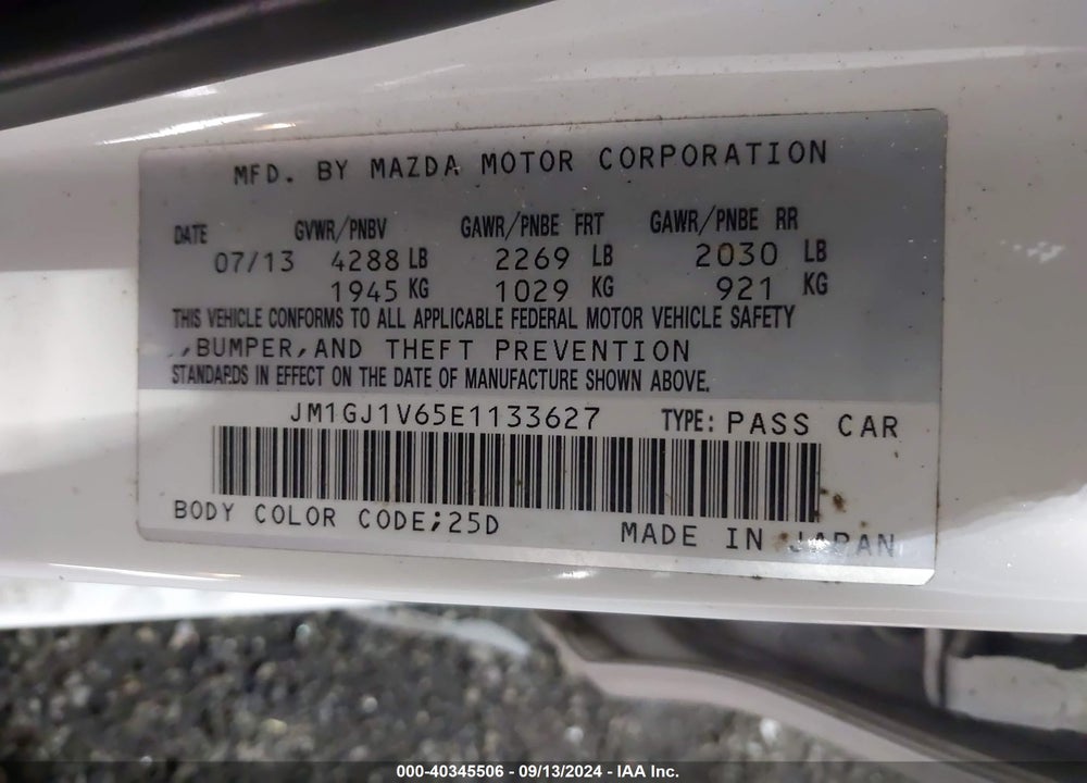 2014 MAZDA 6 I TOURING VIN: JM1GJ1V65E1133627