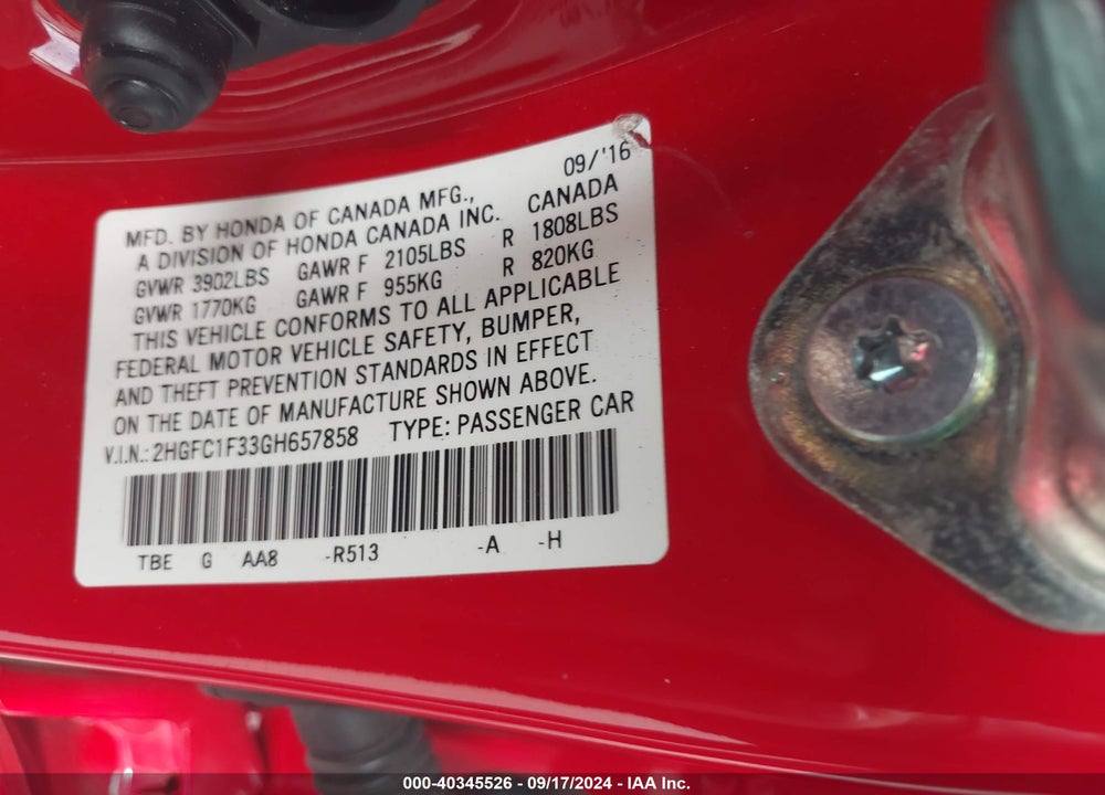 2016 HONDA CIVIC EX-T VIN: 2HGFC1F33GH657858