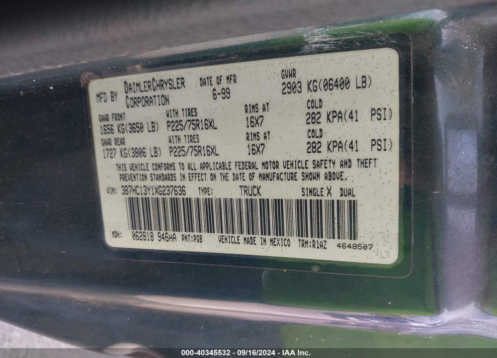 1999 DODGE RAM 1500 ST VIN: 3B7HC13Y1XG237636