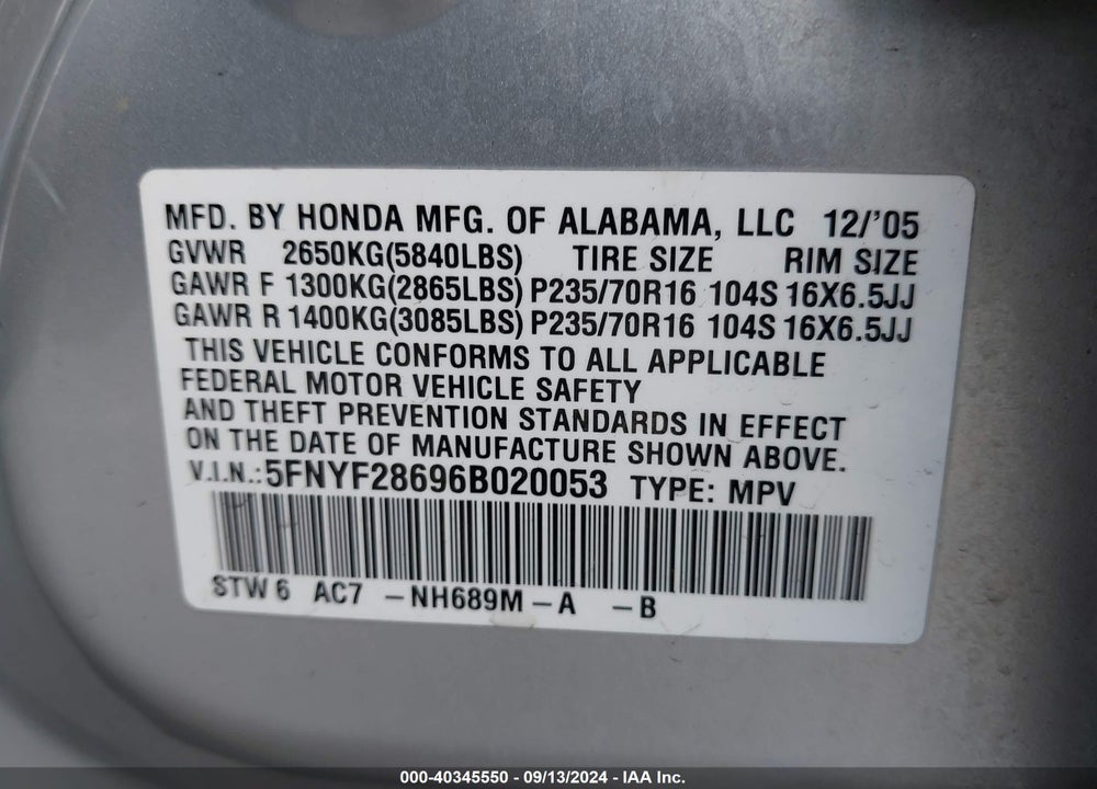 2006 HONDA PILOT EX-L VIN: 5FNYF28696B020053