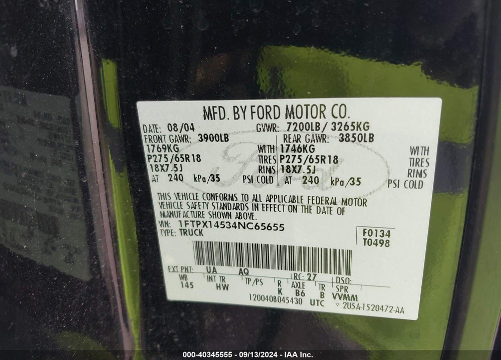 2004 FORD F-150 FX4/LARIAT/XL/XLT VIN: 1FTPX14534NC65655