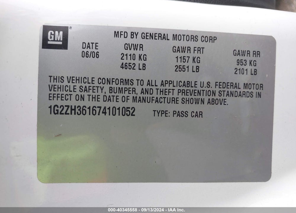 2007 PONTIAC G6 GT VIN: 1G2ZH361674101052