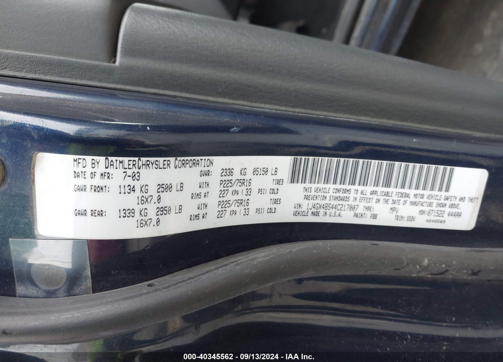 2004 JEEP GRAND CHEROKEE LAREDO VIN: 1J4GX48S44C217007