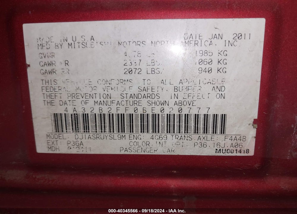 2011 MITSUBISHI GALANT VIN: 4A32B2FF0BE020777