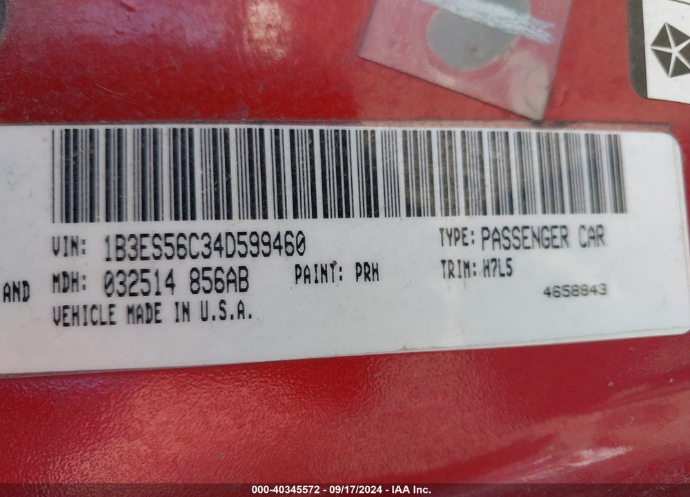 2004 DODGE NEON SXT VIN: 1B3ES56C34D599460