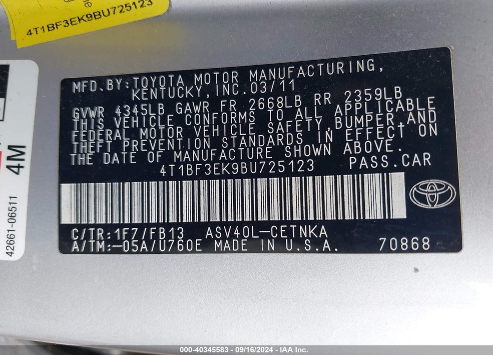 2011 TOYOTA CAMRY LE VIN: 4T1BF3EK9BU725123