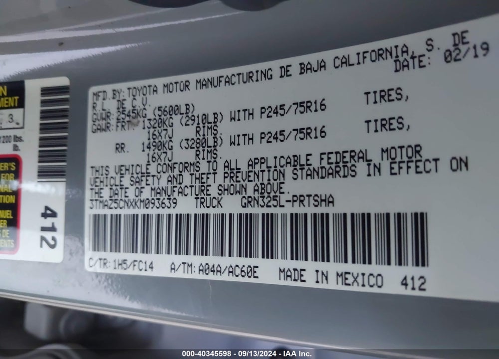 2019 TOYOTA TACOMA SR5 V6 VIN: 3TMAZ5CNXKM093639