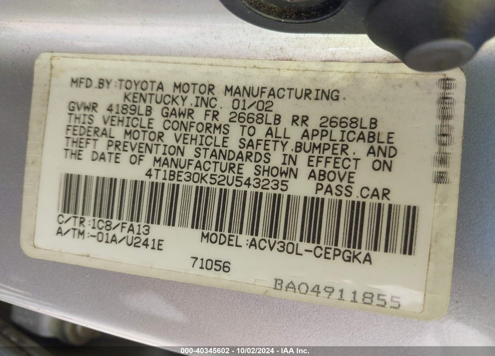 2002 TOYOTA CAMRY XLE VIN: 4T1BE30K52U543235