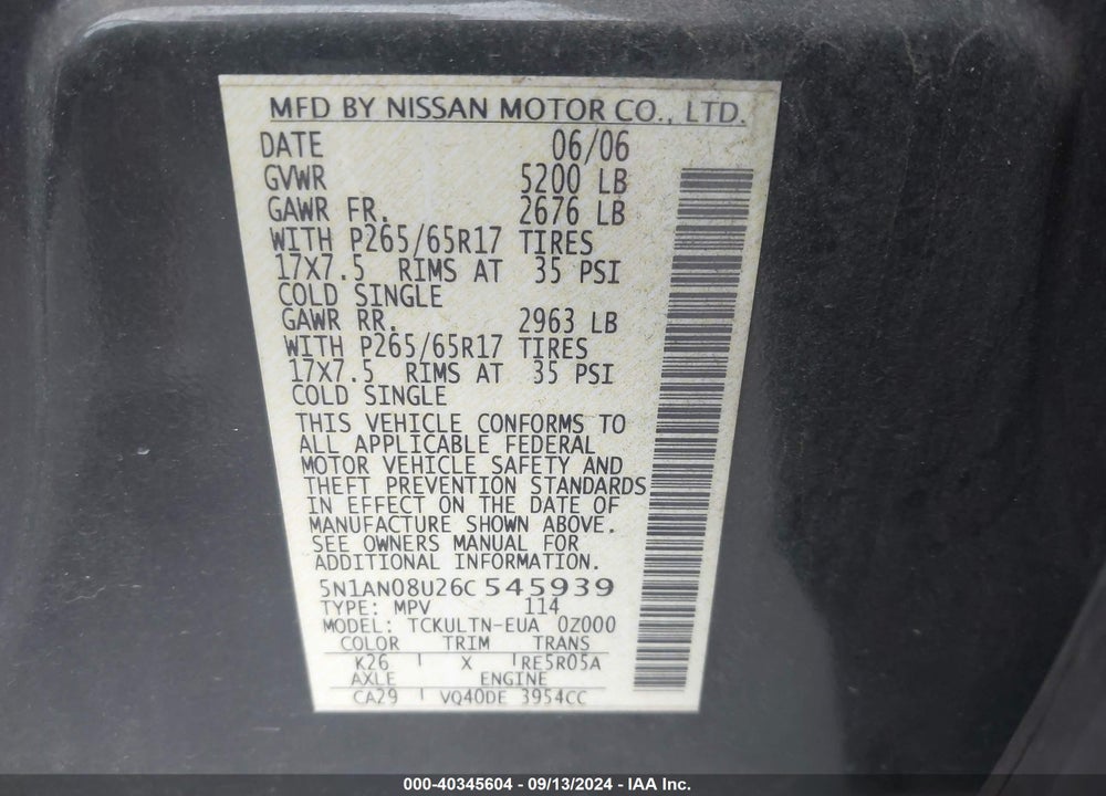 2006 NISSAN XTERRA SE VIN: 5N1AN08U26C545939