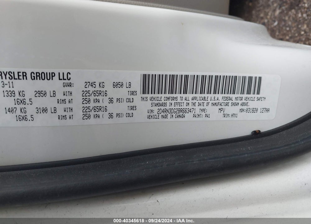 2011 DODGE GRAND CARAVAN MAINSTREET VIN: 2D4RN3DG2BR663471
