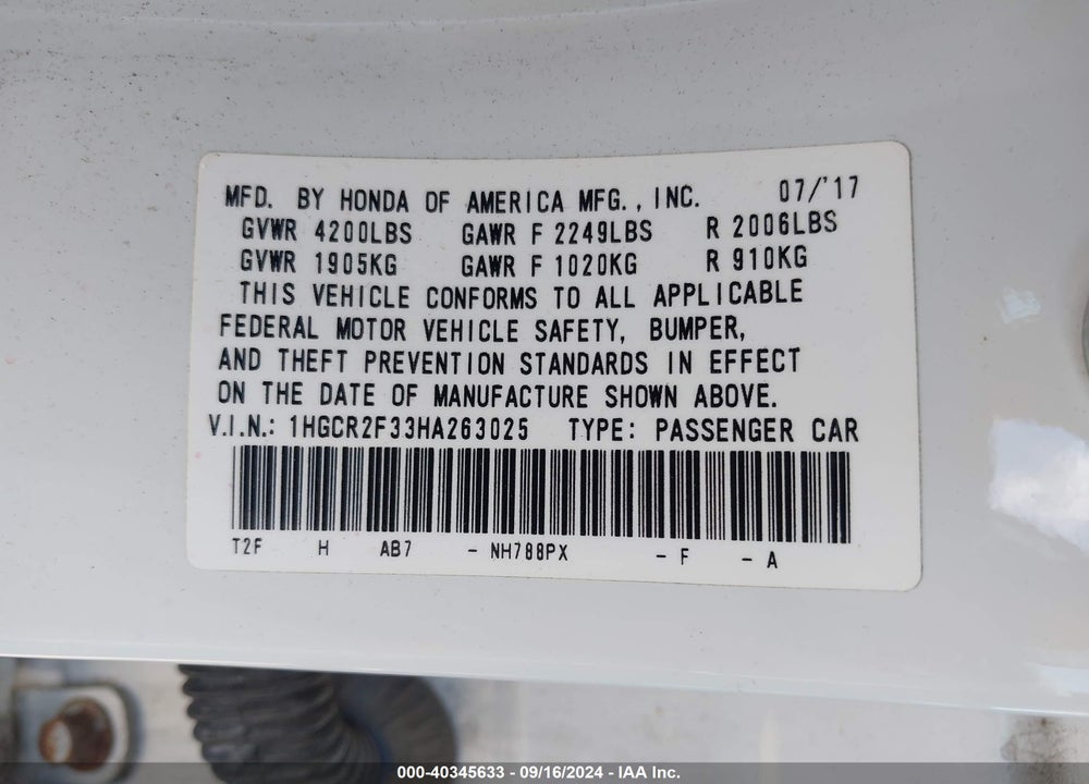 2017 HONDA ACCORD LX VIN: 1HGCR2F33HA263025