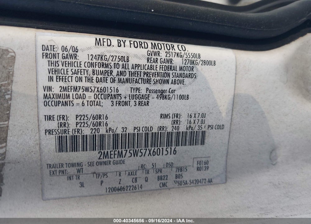 2007 MERCURY GRAND MARQUIS LS VIN: 2MEFM75W57X601516