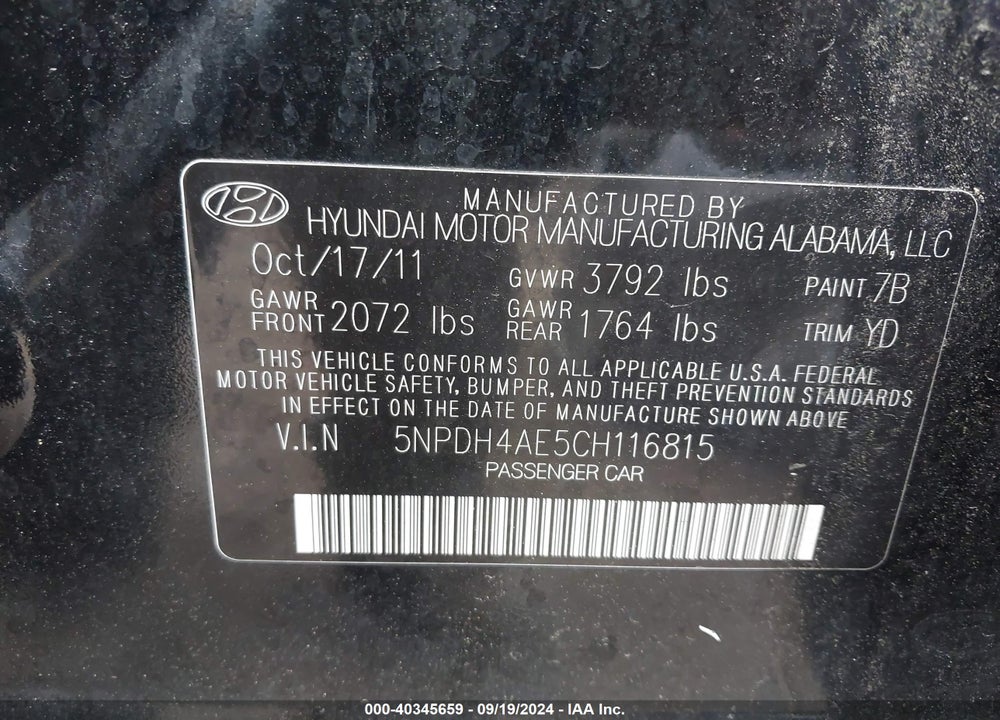 2012 HYUNDAI ELANTRA LIMITED VIN: 5NPDH4AE5CH116815