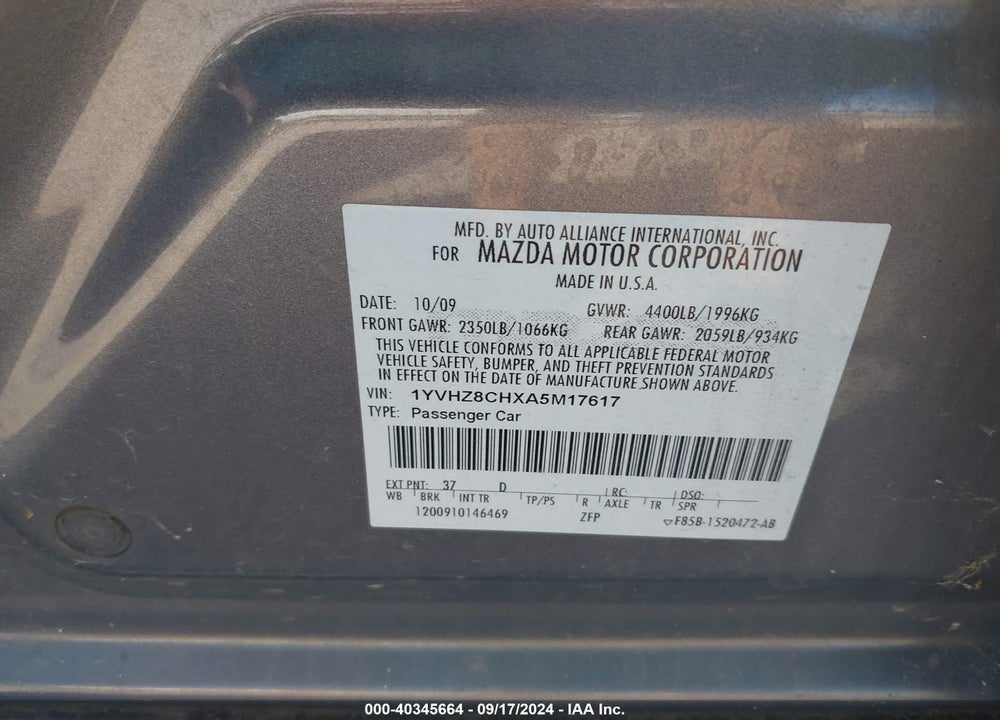 2010 MAZDA 6 VIN: 1YVHZ8CHXA5M17617