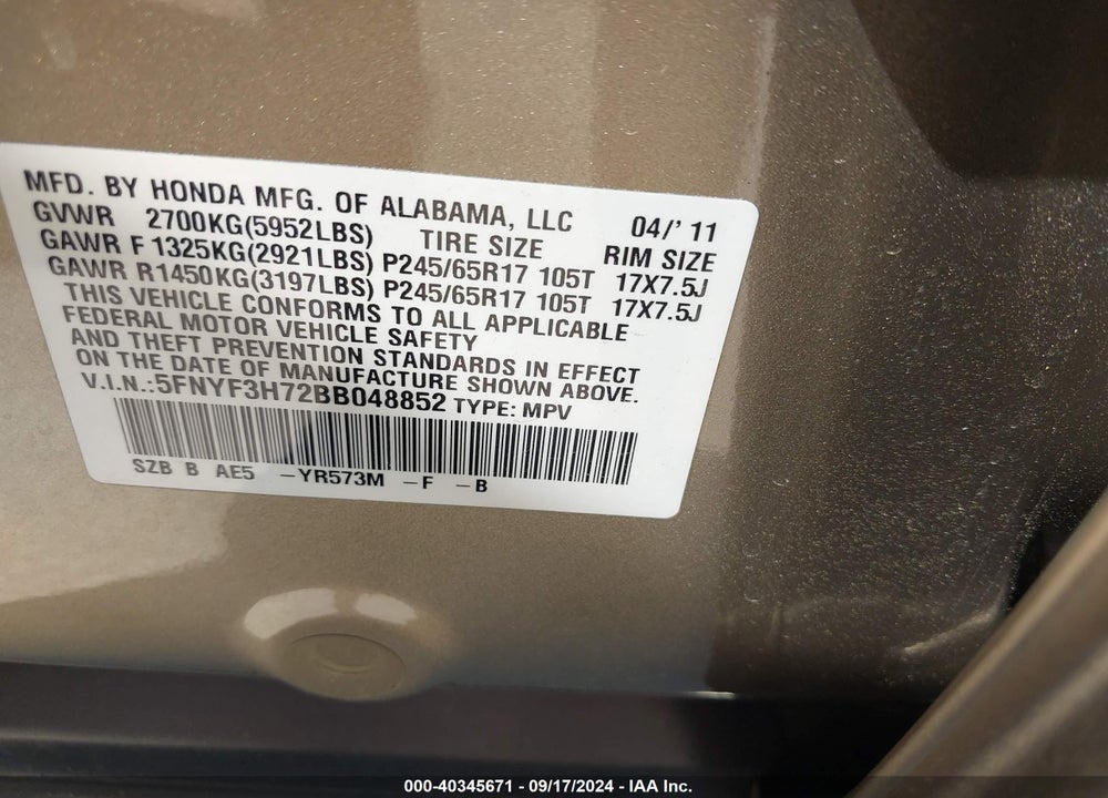 2011 HONDA PILOT EX-L VIN: 5FNYF3H72BB048852