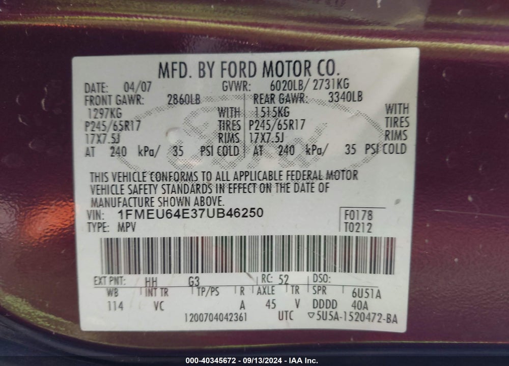 2007 FORD EXPLORER EDDIE BAUER VIN: 1FMEU64E37UB46250