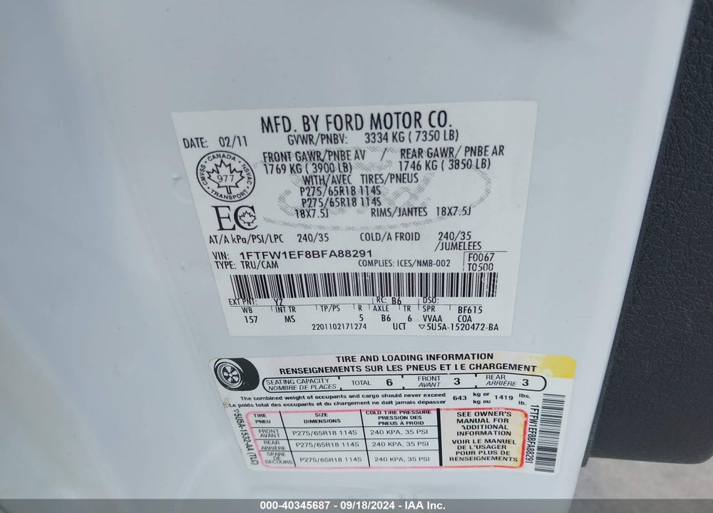 2011 FORD F-150 XLT VIN: 1FTFW1EF8BFA88291