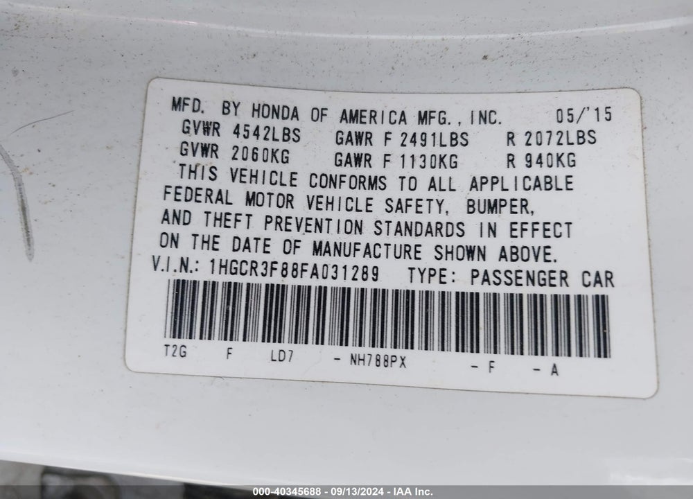 2015 HONDA ACCORD EX-L V-6 VIN: 1HGCR3F88FA031289