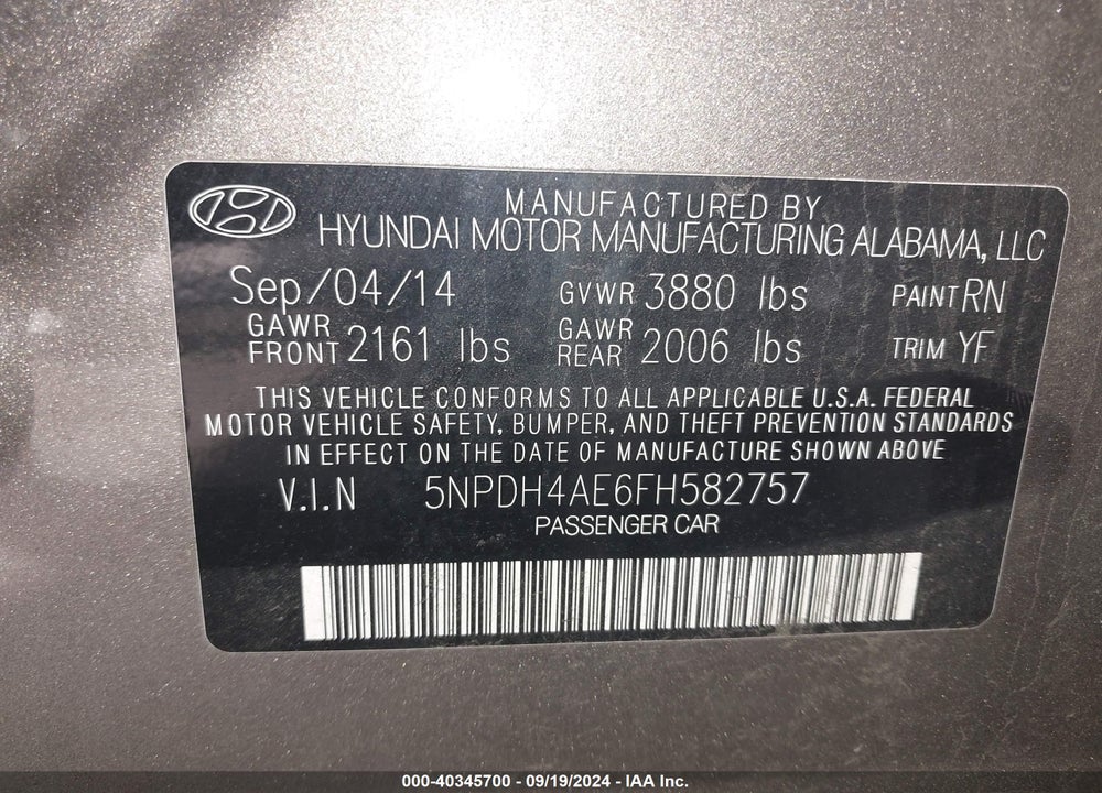 2015 HYUNDAI ELANTRA SE VIN: 5NPDH4AE6FH582757