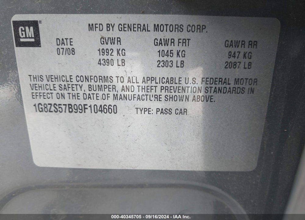 2009 SATURN AURA XE VIN: 1G8ZS57B99F104660