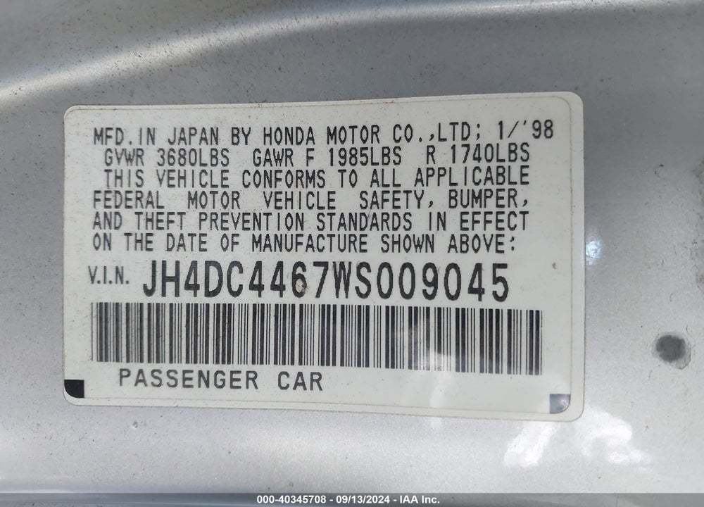 1998 ACURA INTEGRA GS VIN: JH4DC4467WS009045
