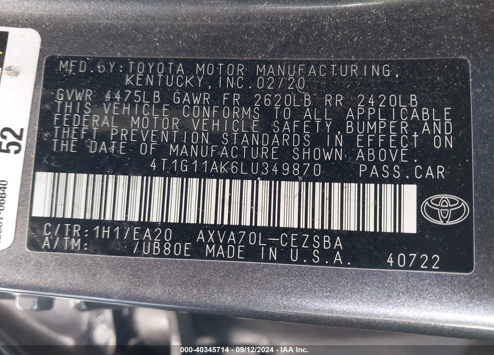 2020 TOYOTA CAMRY SE VIN: 4T1G11AK6LU349870