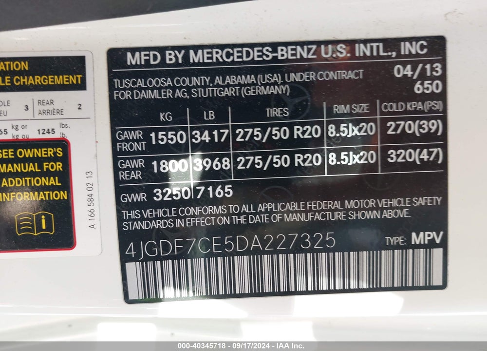 2013 MERCEDES-BENZ GL 450 4MATIC VIN: 4JGDF7CE5DA227325