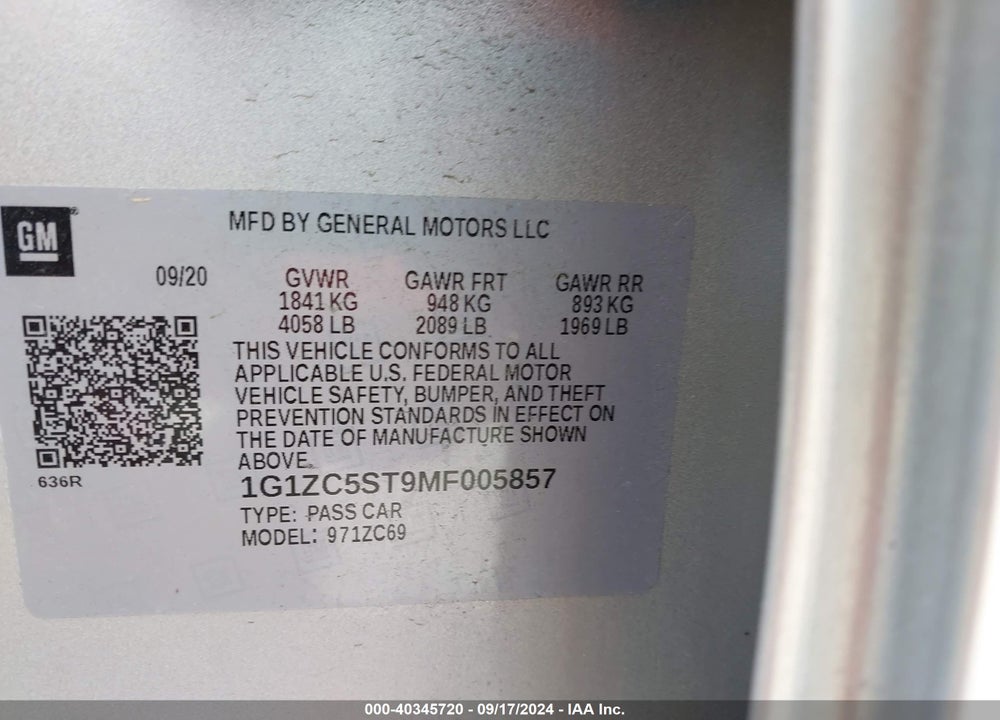 2021 CHEVROLET MALIBU FWD 1FL VIN: 1G1ZC5ST9MF005857
