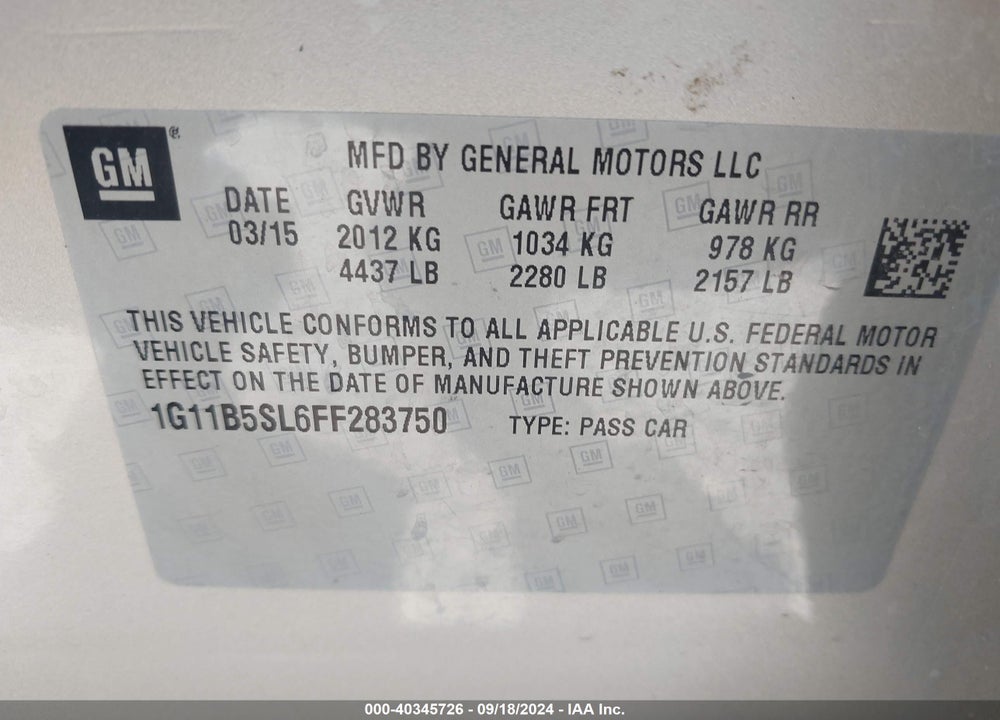 2015 CHEVROLET MALIBU LS VIN: 1G11B5SL6FF283750