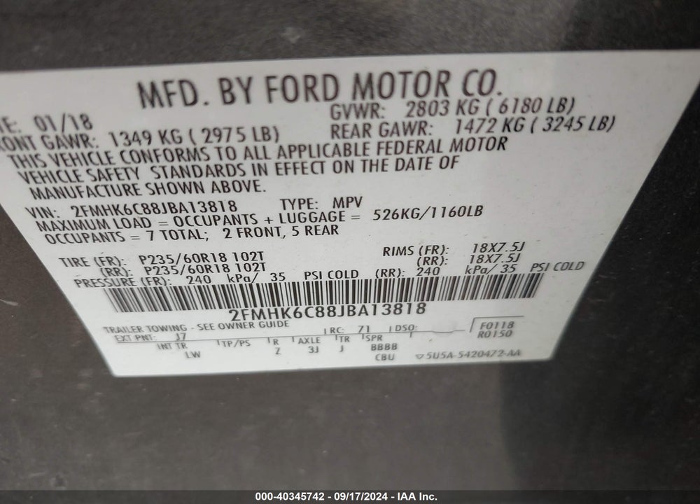 2018 FORD FLEX SEL VIN: 2FMHK6C88JBA13818