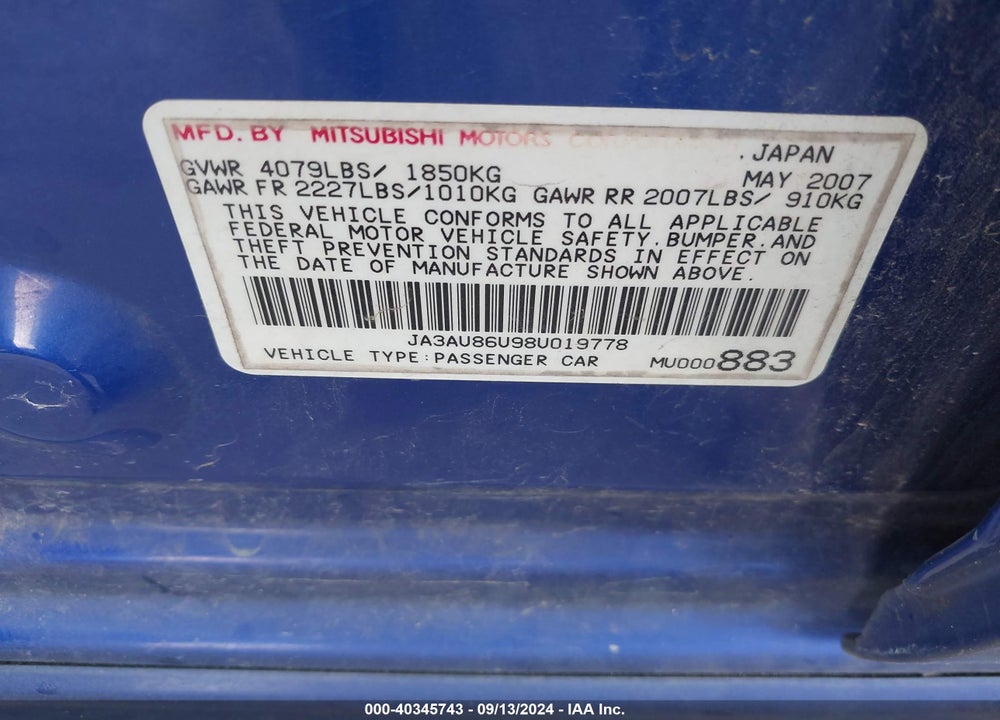 2008 MITSUBISHI LANCER GTS VIN: JA3AU86U98U019778