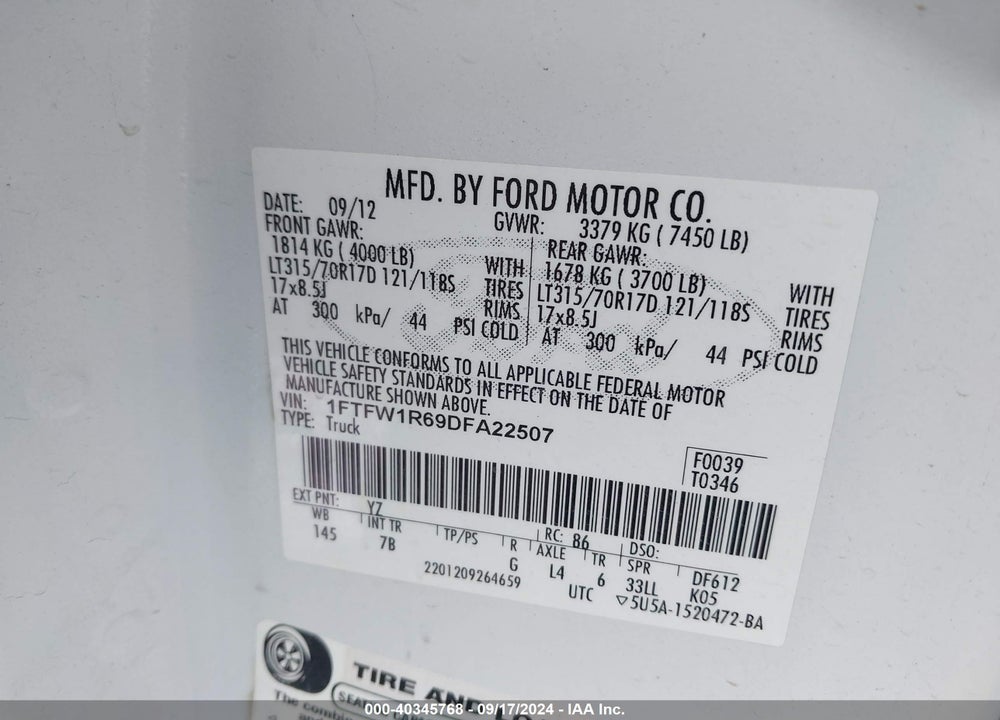 2013 FORD F-150 SVT RAPTOR VIN: 1FTFW1R69DFA22507