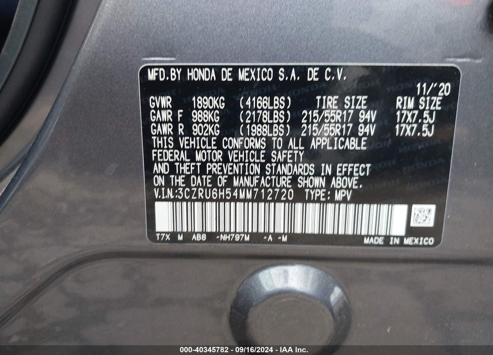 2021 HONDA HR-V AWD EX VIN: 3CZRU6H54MM712720
