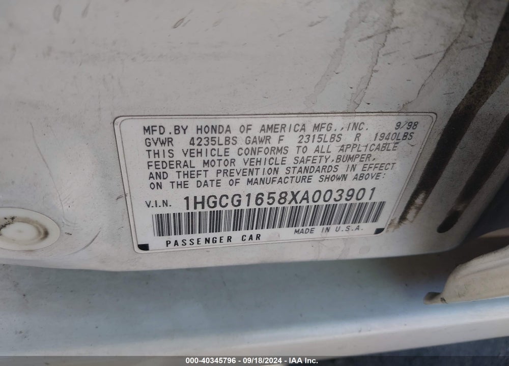 1999 HONDA ACCORD EX V6 VIN: 1HGCG1658XA003901