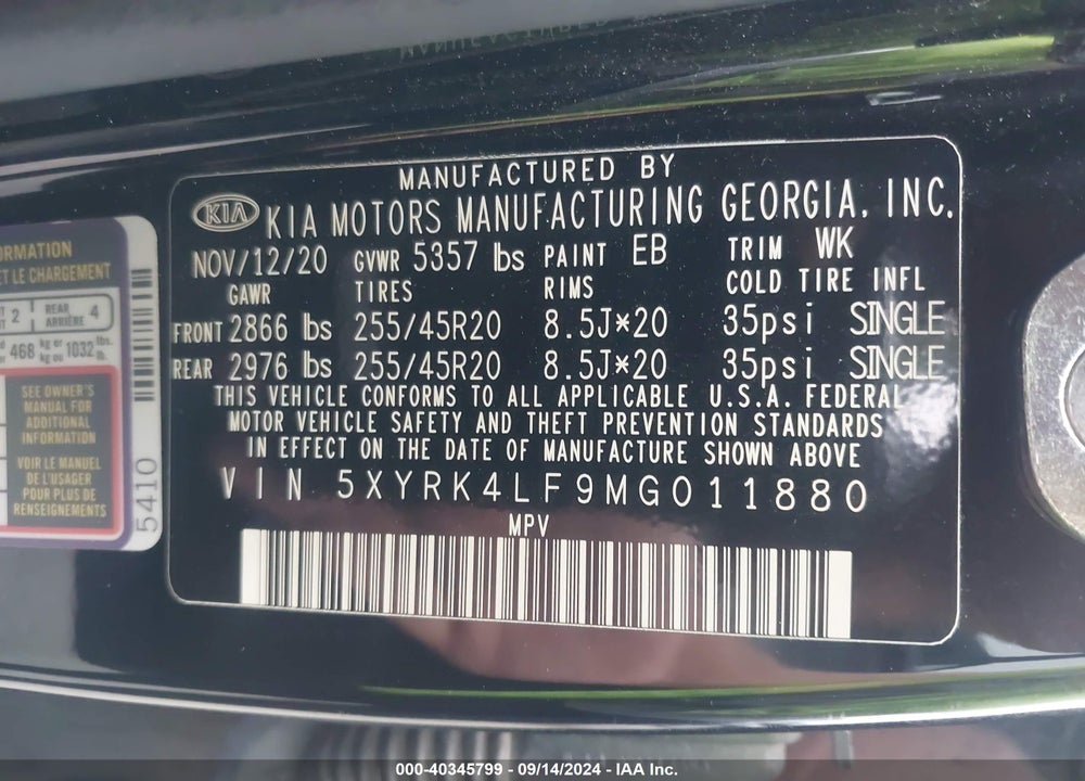 2021 KIA SORENTO SX VIN: 5XYRK4LF9MG011880
