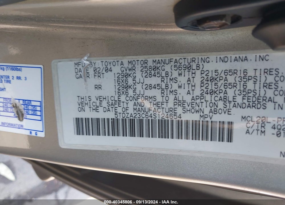 2004 TOYOTA SIENNA LE VIN: 5TDZA23C64S124654