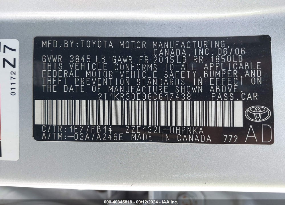 2006 TOYOTA MATRIX/XR VIN: 2T1KR30E96C617438