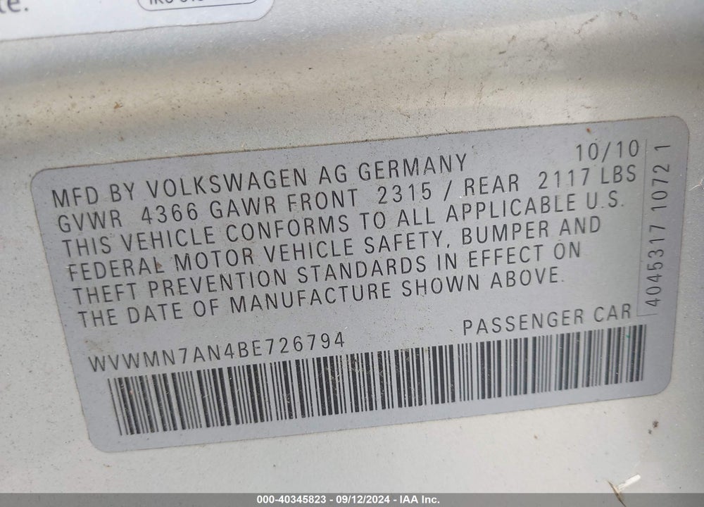 2011 VOLKSWAGEN CC SPORT VIN: WVWMN7AN4BE726794