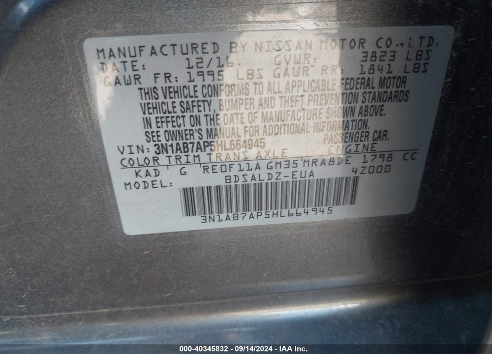 2017 NISSAN SENTRA SV VIN: 3N1AB7AP5HL664945
