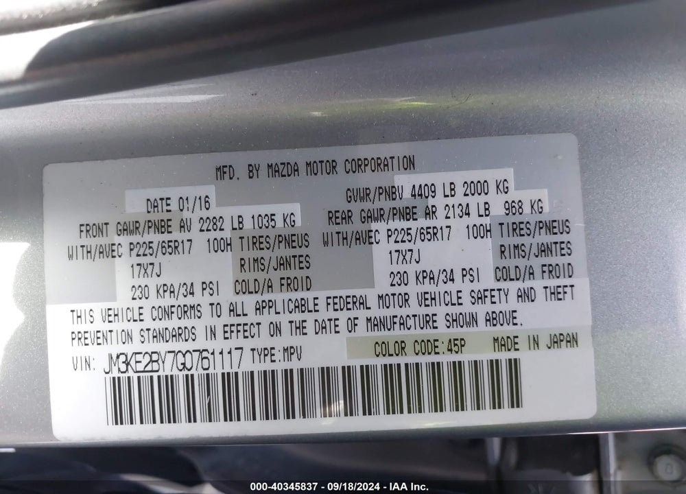 2016 MAZDA CX-5 SPORT VIN: JM3KE2BY7G0761117