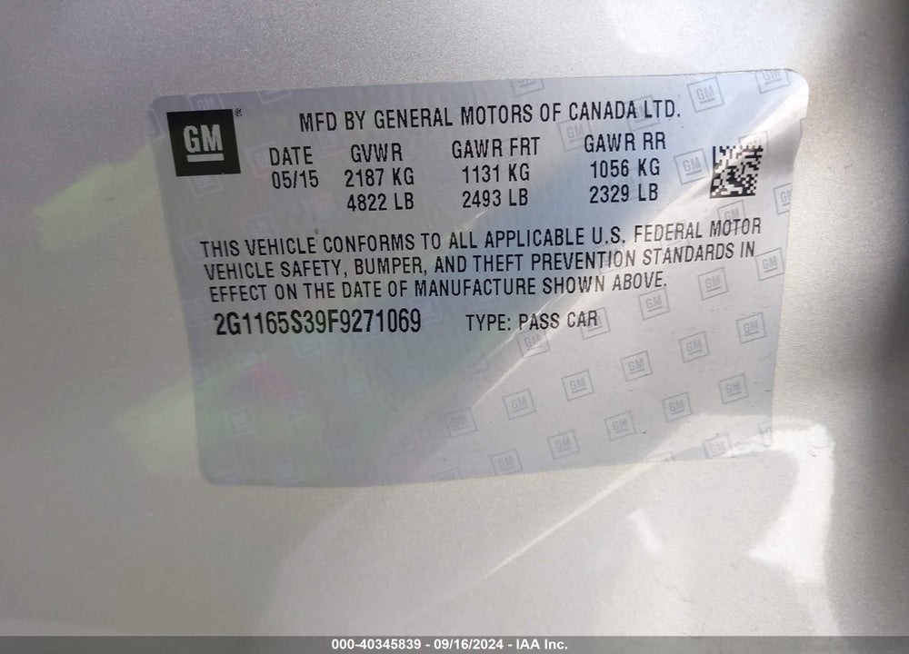 2015 CHEVROLET IMPALA 2LZ VIN: 2G1165S39F9271069
