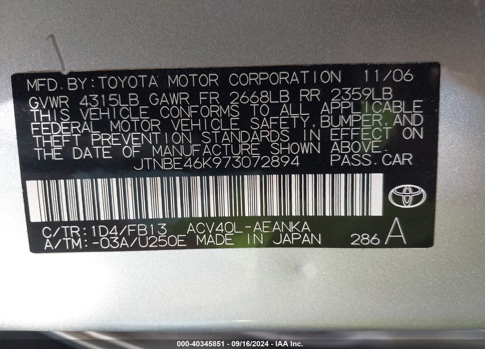 2007 TOYOTA CAMRY LE VIN: JTNBE46K973072894